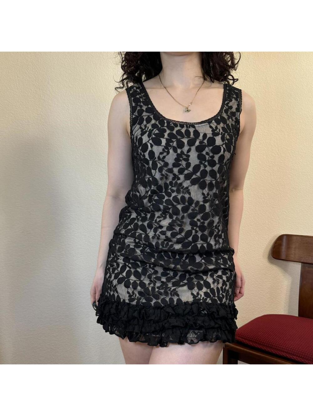 Vintage Charlotte Russe Mini Dress Womens Medium Black Lace Ruffle Y2K Goth